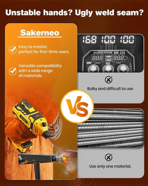 Comparison of ease of use and features of Sakernoo welder vs traditional model, highlighting Ultra Portable 110V Handheld Stick Welder With IGBT Inverter, Five Stage Adjustable Current 20 To 120A, Lightweight 3.3 Lb, Compact 9.8 By 9.45 In, On The Go DIY And Pro Jobs, Yellow.