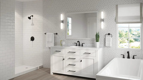 Modern bathroom with Weller Single Handle Shower Valve Trim Kit in Tuscan Bronze finish for OX8 Series, installed in shower area.