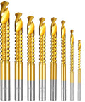 Eight Piece Titanium Coated HSS Twist Drill Bits Set With Hex Shank 3mm To 10mm Serrated Cutting For Metal Wood And Plastic