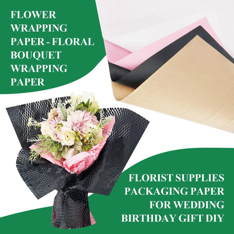 Flower bouquet wrapped in black honeycomb paper with pink and beige accents, eco-friendly gift packaging shown with floral arrangement.