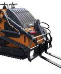 23 HP Mini Skid Steer Loader With Bucket And Pallet Forks For Garden And Yard Work Farm Jobs Parks Roads And Construction Sites EPA Gasoline Engine In Stock USA Ready For Any Jobsite showing pallet forks; front view