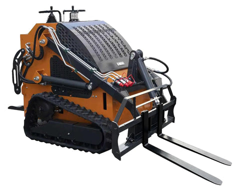 23 HP Mini Skid Steer Loader With Bucket And Pallet Forks For Garden And Yard Work Farm Jobs Parks Roads And Construction Sites EPA Gasoline Engine In Stock USA Ready For Any Jobsite showing pallet forks; front view