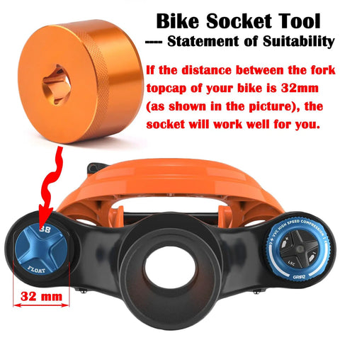 Orange 32mm 3/8 Drive Fork Topcap Socket For Fox 36 38 40 Series Mountain Bike Forks, Flat No Slip Design shown near fork