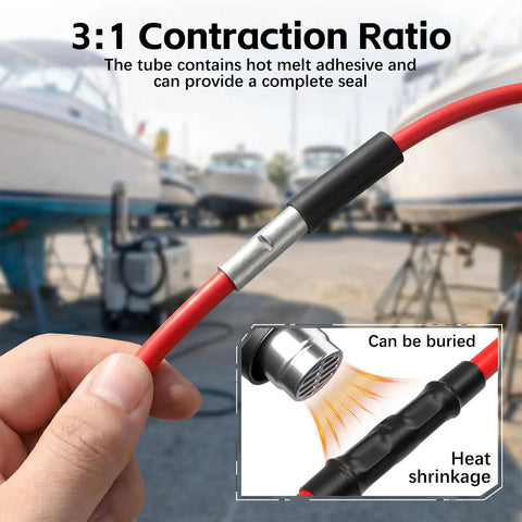 Heavy Duty 4 6 And 8 AWG Copper Heat Shrink Butt Connectors With Double Wall Insulation And Hot Melt Adhesive For Waterproof Weatherproof Underground Wire Splicing showing a sealed red wire splice