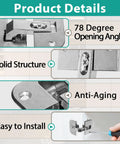 Two Piece Adjustable Pie Cut Corner Cabinet Hinge With Heavy Duty Nickel Plating And Quick Height Tuning For Smoother Door Swing; showing 78 degree opening.