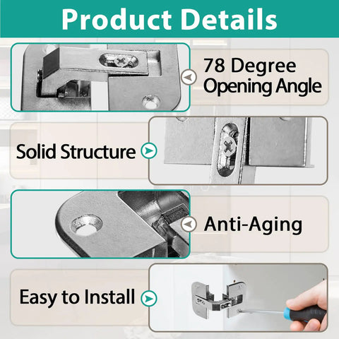 Two Piece Adjustable Pie Cut Corner Cabinet Hinge With Heavy Duty Nickel Plating And Quick Height Tuning For Smoother Door Swing; showing 78 degree opening.