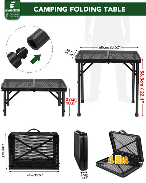 2 Foot Folding Table With Carry Handle For Camping And Outdoor Grill Table, Adjustable Height, Black Metal Mesh Surface