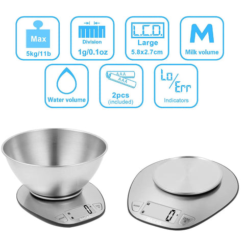 Digital Kitchen Scale With Large Clear Display And Stainless Steel Mixing Bowl For Wet And Dry Foods, Weighs Up To 11 Lb