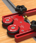 Close-up of Badass One Way Bearing Stock Roller For Table Saw And Router, heavy duty roller with adjustable stops.