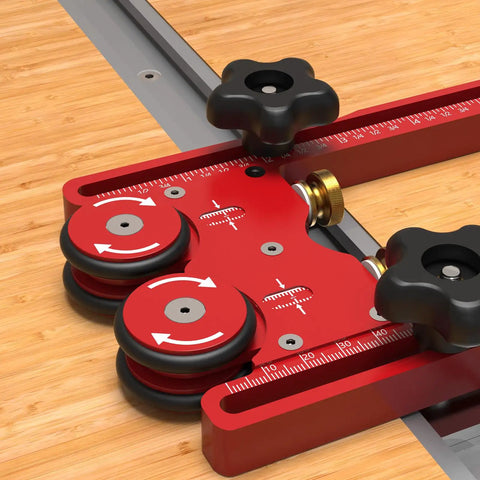 Close-up of Badass One Way Bearing Stock Roller For Table Saw And Router, heavy duty roller with adjustable stops.