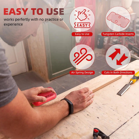 Man using Carbide Blades Edge Banding Trimmer Hand Planer For Burr Removal And Edge Trim Wood Scraper Tool For PVC ABS Melamine Edges Durable Easy Cut Red Finish on wood edge