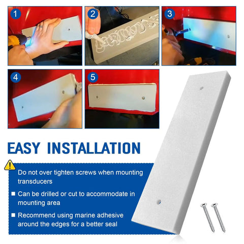 Installation steps for Universal Transducer Mounting Plate, showing mounting adhesive application, securing on transom board, and screws.