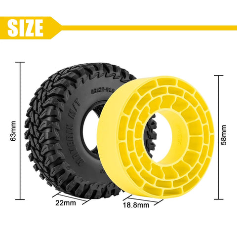 63x22mm 1.0 Inch Maverix MT Tires with Silicone Inserts in yellow for TRX4M SCX24 1/18 1/24 RC Crawlers, side view