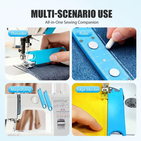 3 In 1 Needle Threader And Seam Ripper For Sewing Machines, fast threading tool with alignment guide, magnetic back, built in ruler in use