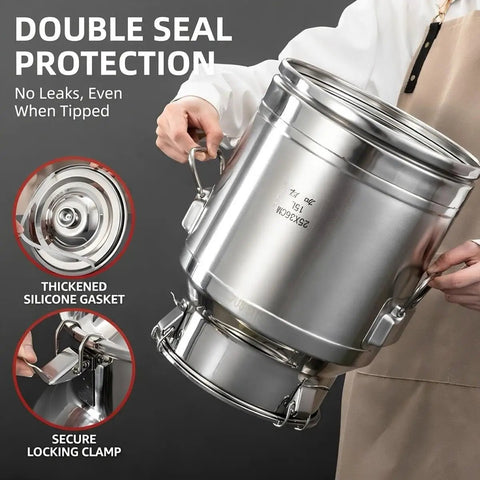 Heavy Duty 304 Stainless Steel Milk Can And Water Jug With Secure Airtight Lid featuring thickened silicone gasket and locking clamp.