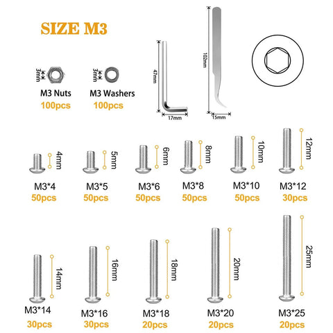Diagram of Stainless Steel M3 Button Head Socket Cap Screws Bolts Nuts And Flat Washers 570 Piece Assortment Kit With 11 Lengths