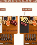 Personalized Acacia Wood Charcuterie Board Set With Heavy Duty Stainless Steel Knives - Custom Engraved Cheese Board Tray with white and black slate options.
