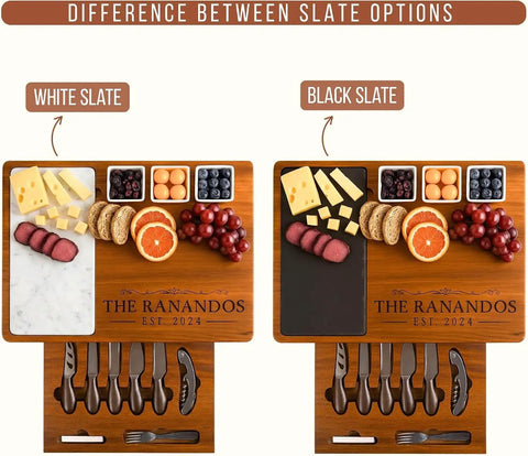 Personalized Acacia Wood Charcuterie Board Set With Heavy Duty Stainless Steel Knives - Custom Engraved Cheese Board Tray with white and black slate options.