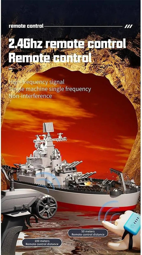 Dope RC Boat With 2.4G Remote Control And 1 To 390 Scale Twin Engine Battleship Watercraft with remote in cave background