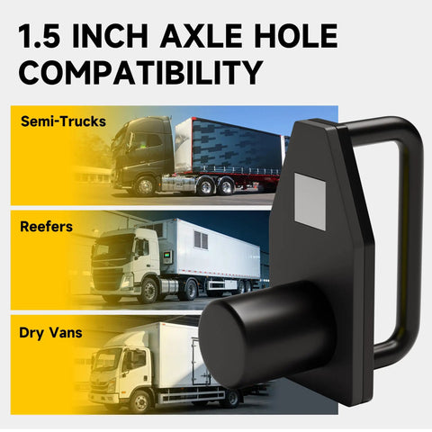 Magnetic Trailer Axle Stopper For Semi Trucks And Dry Vans And Reefers, Heavy Duty Steel Tandem Slide Stopper shown with truck types.