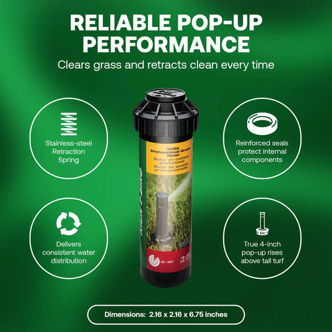 Top Tier No Hassle Gear Driven Rotor Sprinkler Head Two Pack 4 Inch Pop Up Lawn Watering System showing stainless steel spring and seals.