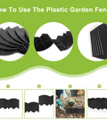 40 Ft No Dig Landscape Edging Kit With 40 Stakes, Flexible Plastic Border usage instructions and components, in black