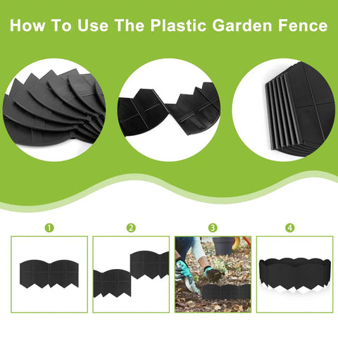 40 Ft No Dig Landscape Edging Kit With 40 Stakes, Flexible Plastic Border usage instructions and components, in black