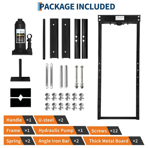 Tough As Nails 12 Ton Hydraulic Shop Press Solid H Frame Garage Wrenching Rig Package Components Including Handle, Frame, and Hydraulic Pump