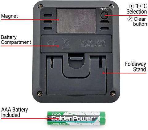 Back of TP50 Digital Hygrometer And Indoor Thermometer With Wellness Indicator Shows Dry Comfort Wet Humidity Levels, High Accuracy Sensor, Fast Refresh Rate, Easy Home Climate Monitor For Living Room, Bedroom, Nursery Or Office with foldaway stand, magnet, battery compartment, and AAA battery included