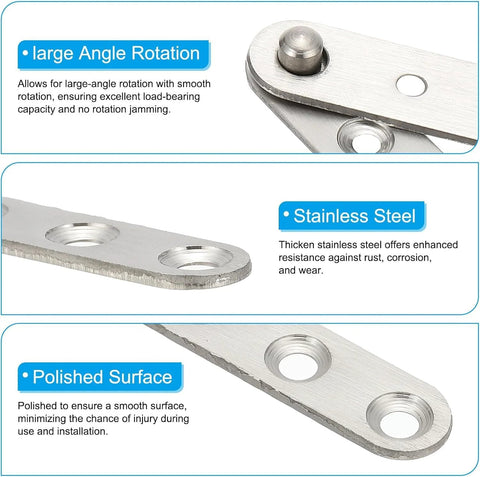 Close-up view of a 4 Piece Stainless Steel 360 Degree Concealed Door Hinges Set For Cabinets Drawers And Windows Built To Last Durable Corrosion Resistant Pivot Hinges For DIY Home Upgrades, highlighting large angle rotation, stainless steel material, and polished surface.