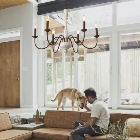 Six Light Farmhouse Chandelier With Dope Vintage Candle Design Rustic Industrial Pendant Lighting In White And Dark Brown