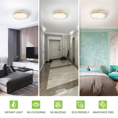 20 Inch LED Flush Mount Ceiling Light Fixture Low Profile Modern Design With Faux Wood Shade 42W 2098LM Dimmable 2700K To 5000K Adjustable CCT ETL Listed For Kitchen And Bedroom installed in various rooms