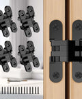Heavy Duty Invisible Door Hinges 180 Degree Swivel Black Four Pack Solid Zinc Alloy mounted on wooden doors with screws and drill.