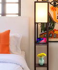 Dope Shelf Floor Lamp With USB Ports And Wireless Charging Pad And Outlets, corner storage next to bed, Havana Brown