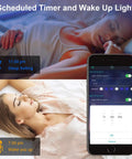 Woman sleeping with phone app showing timer for Led Strip Lights for Bedroom 49.2 Feet Color Changing Rope Lights With Music Sync Remote Or App Control Flexible Led Strips for Party Vibe
