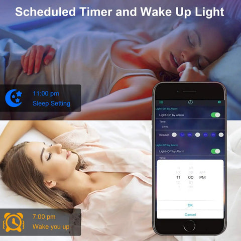 Woman sleeping with phone app showing timer for Led Strip Lights for Bedroom 49.2 Feet Color Changing Rope Lights With Music Sync Remote Or App Control Flexible Led Strips for Party Vibe