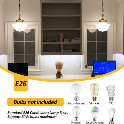 Schoolhouse Pendant Light Fixture 9 Inch Brass Gold Milk Glass Shade Adjustable Mid Century Ceiling Pendant for Bedroom Kitchen Living Room Hallway or Dining Room Cool Vibe Modern Rustic Glow, shown illuminating a workspace with decorative shelving.