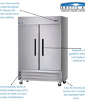 Built Different Commercial Two Door Reach In Freezer With Digital Thermostat And Thick Stainless Steel Shell Giving Forty Nine Cubic Feet Of Hustle Ready Cold Storage For Your Grind with digital display and removable gasket.
