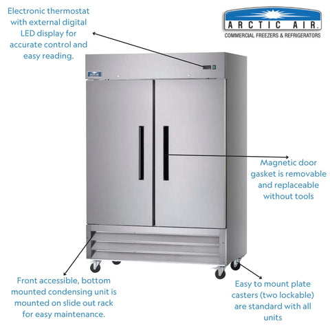 Built Different Commercial Two Door Reach In Freezer With Digital Thermostat And Thick Stainless Steel Shell Giving Forty Nine Cubic Feet Of Hustle Ready Cold Storage For Your Grind with digital display and removable gasket.