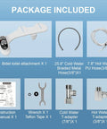 Package contents of Tankless Bidet Toilet Attachment With Digital Temperature Display shown with hoses and adapters.