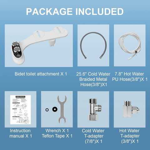 Package contents of Tankless Bidet Toilet Attachment With Digital Temperature Display shown with hoses and adapters.