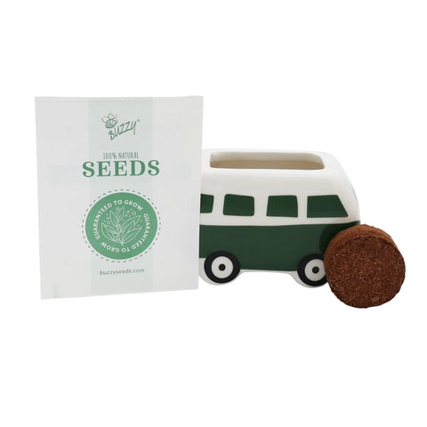Mini Ceramic Flower Bus Grow Kit Four Pack With Colorful Retro Bus Planters And Seeds Daisy Cosmos Calendula Coneflower