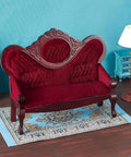 1:12 Scale Dollhouse Furniture Set Vintage Red Wooden Carved Sofa Bench And Armchairs For Living Room Decor Miniature Accessories For Craft Projects And Play