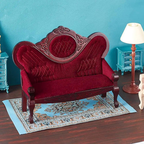 1:12 Scale Dollhouse Furniture Set Vintage Red Wooden Carved Sofa Bench And Armchairs For Living Room Decor Miniature Accessories For Craft Projects And Play