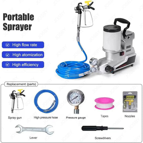 Heavy Duty 1600W Airless Paint Sprayer With Two Liter Tank And Five Meter Hose Three Adjustable Speeds High Pressure Electric Spray Gun with blue hose and spray gun.