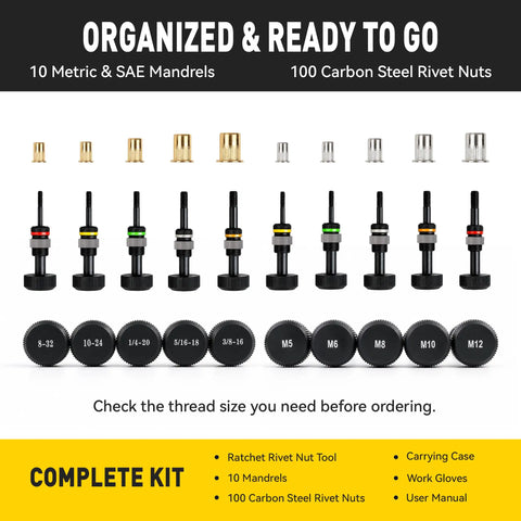 Right Angle Ratchet Rivet Nut Tool Kit For Low Clearance Projects Metric Sae Sizes M5 M6 M8 M10 M12 With 8-32 To 3-8-16 Threads organized components with mandrels and nuts.
