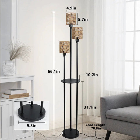 Boho Floor Lamp With Shelves And Three Lights, Farmhouse Tall Rustic Standing Lamp With Rattan Shades, On Off Switch