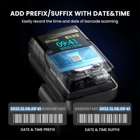 Close-up of 2D Bluetooth Ring Barcode Scanner with screen showing date and time, 1 inch color display for hands-free scanning.