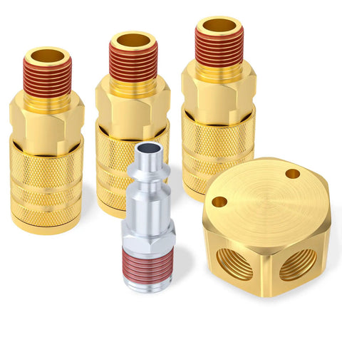 Three-Way 1/4 Inch NPT Hex Style Air Manifold With Brass Couplers And Plugs, Quick Connect Air Splitter Kit For Compressors And Hoses