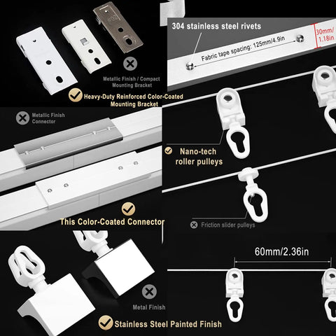 Heavy Duty Ripplefold Snap Track With Tape Set for Silent, Smooth Curtain Runs, Aluminum Rail, Fits 3.3ft to 19.7ft Lengths, Blackout Curtains Compatible, Ideal for Office or Home, White Finish, Durable Rail System mounting brackets and rollers